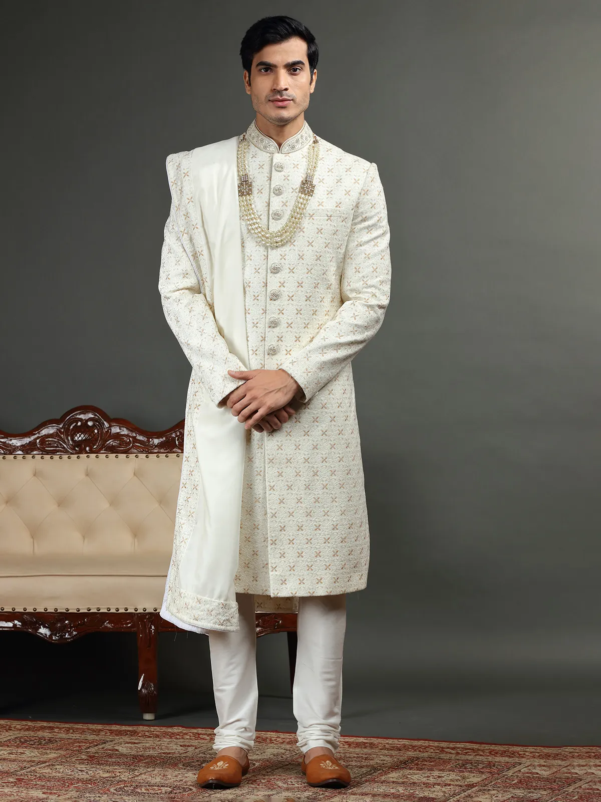 Classic cream sherwani in silk