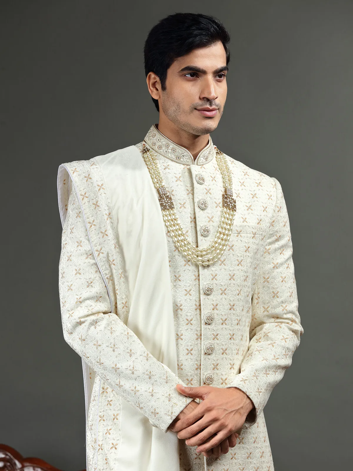 Classic cream sherwani in silk