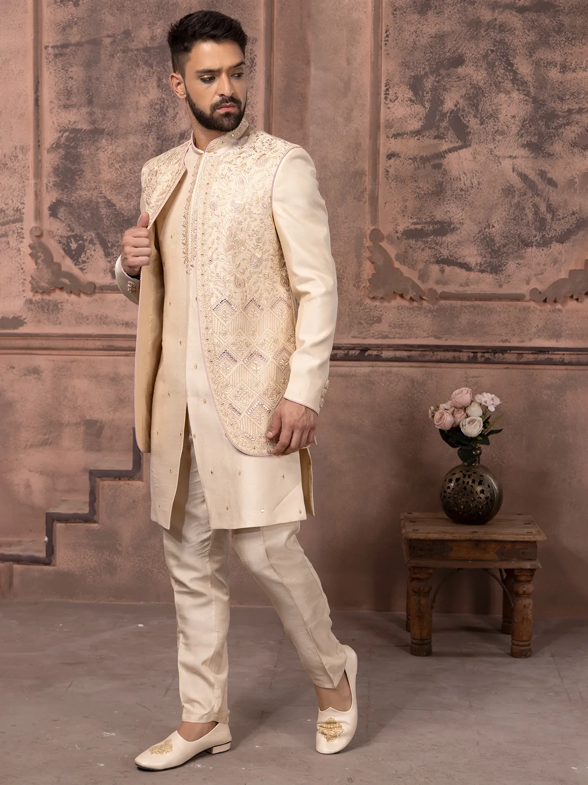 Classic cream silk indowestern