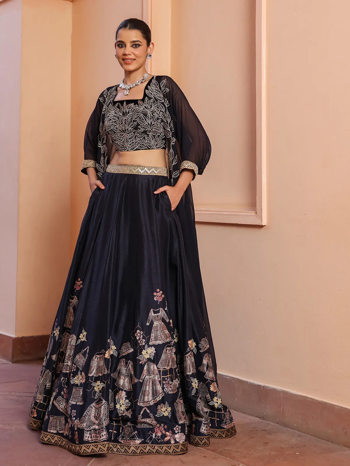 Classic dark navy raw silk lehenga choli