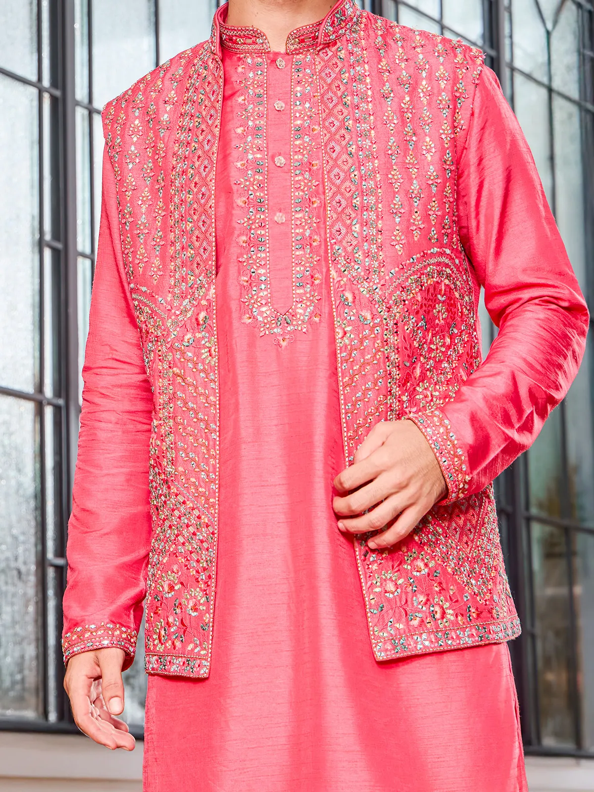 Classic magenta soft art silk thread waistcoat set
