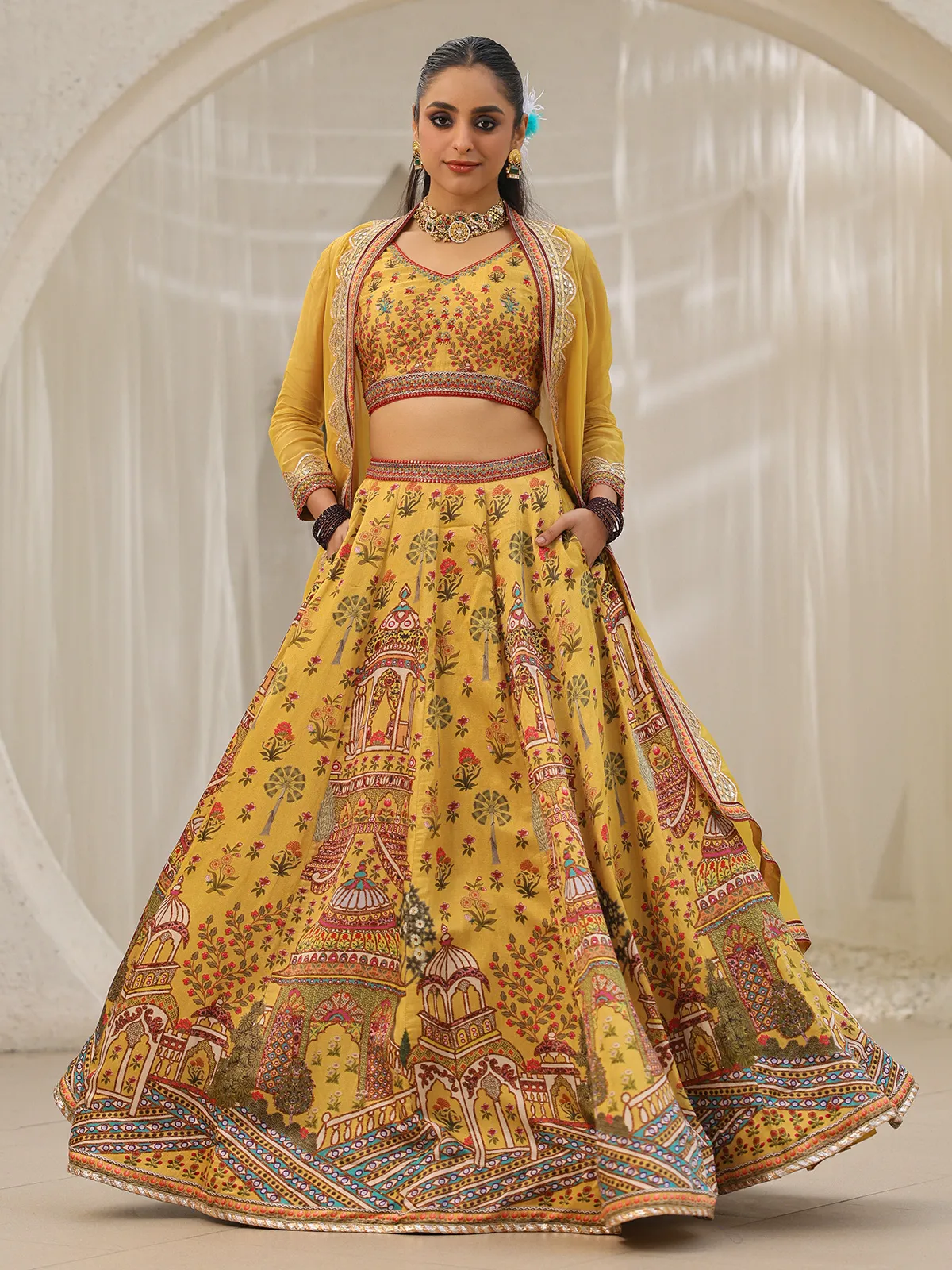 Classic mustard yellow printed lehenga choli