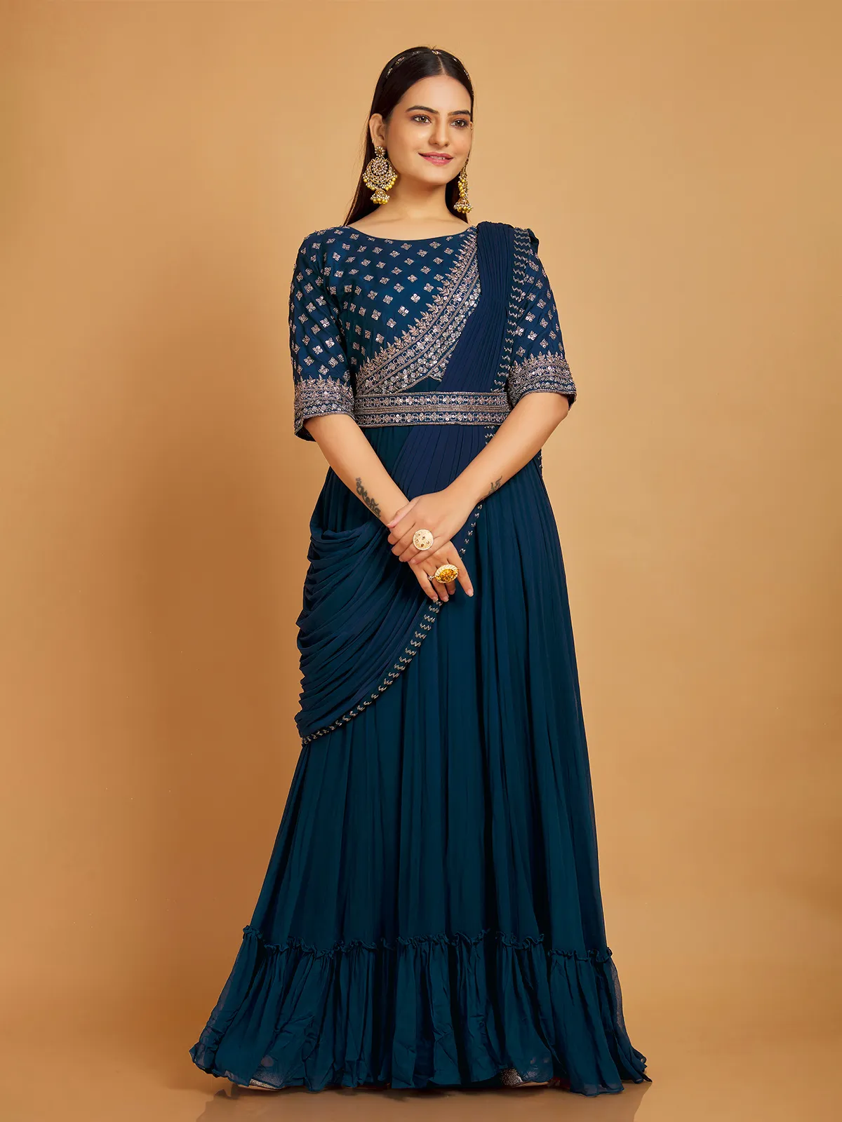 Classic navy designer floor length suit