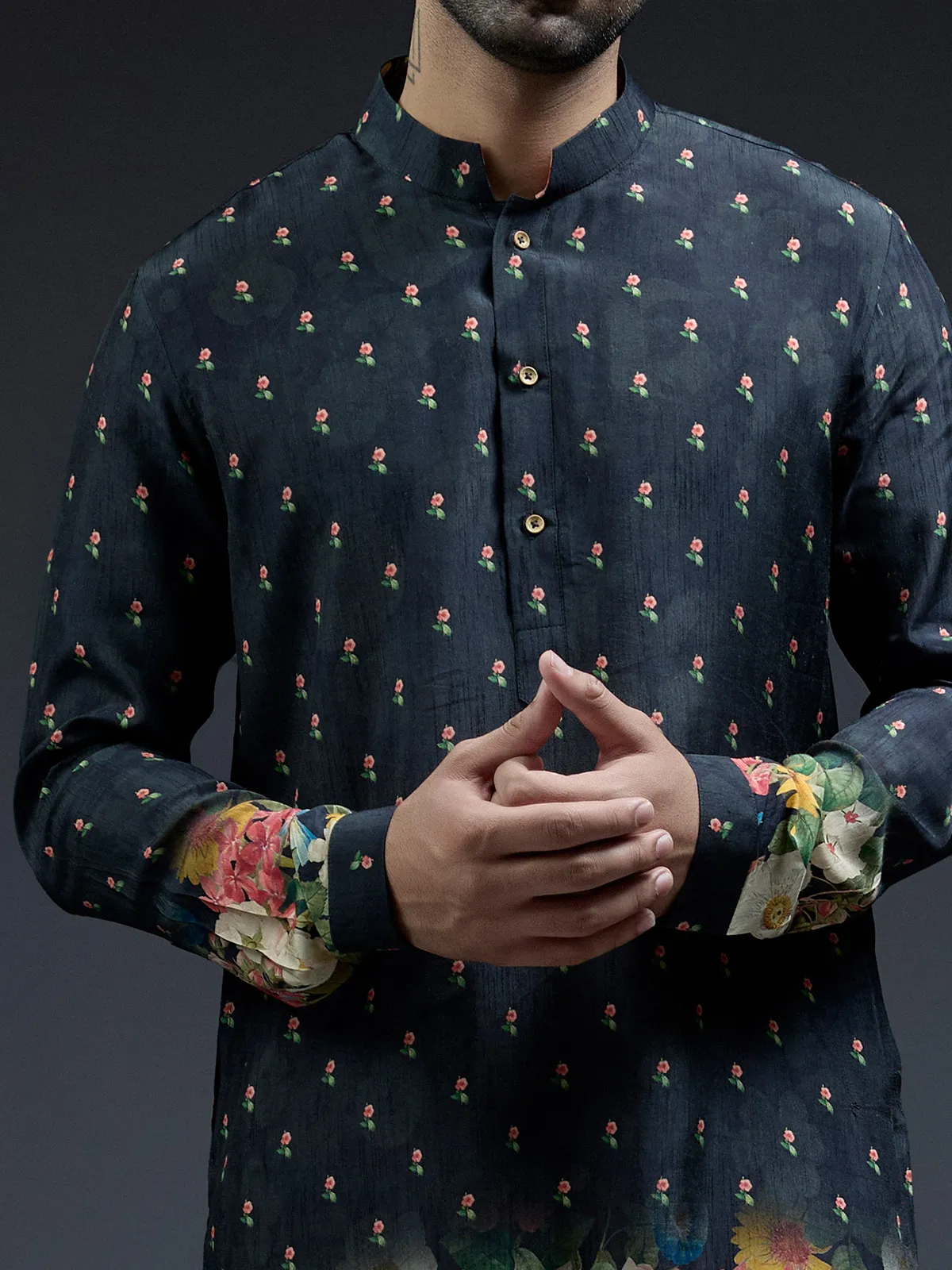 Classic navy flower floral print silk kurta suit