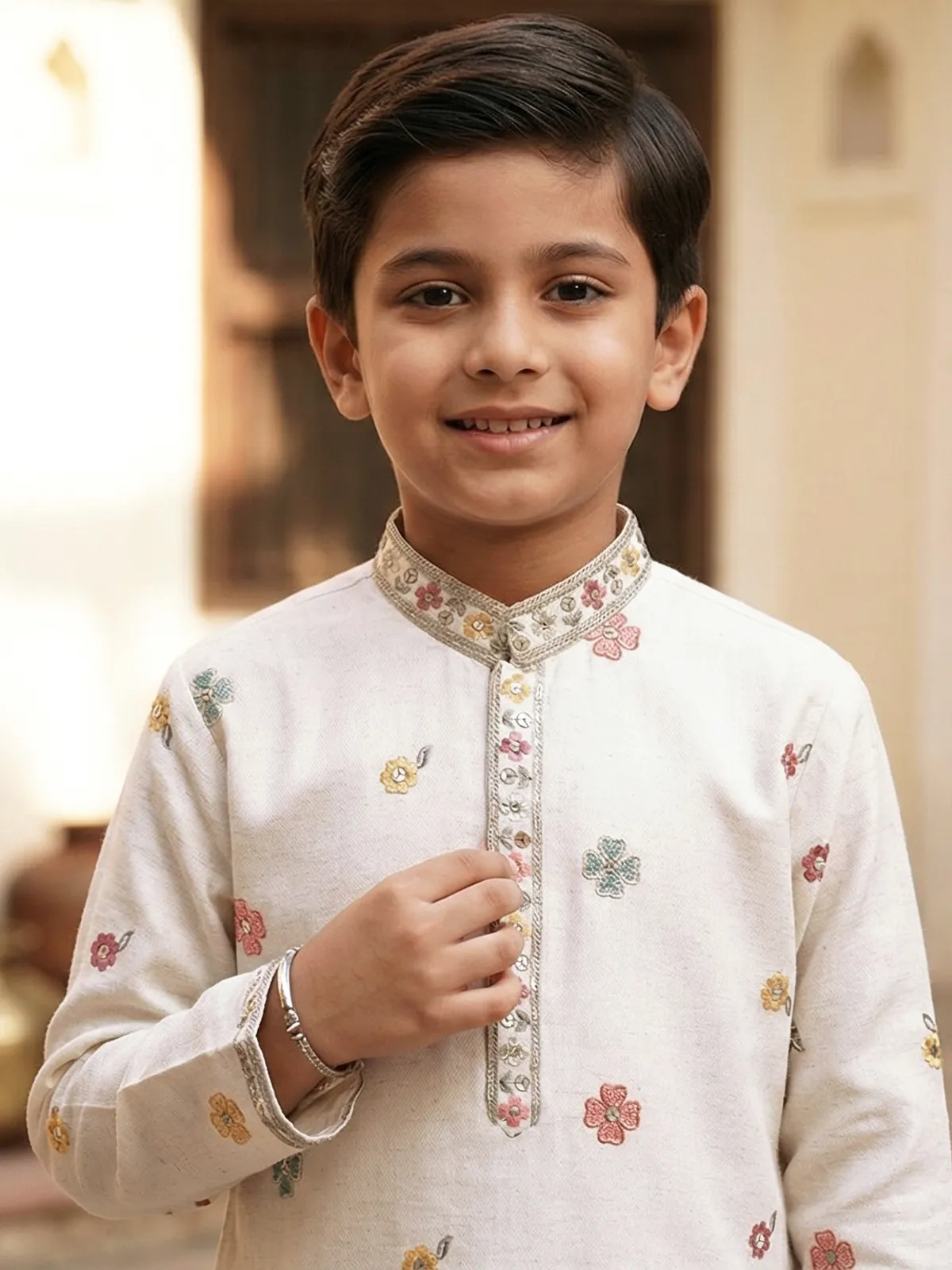 Classic off white embroidered cotton silk kurta suit