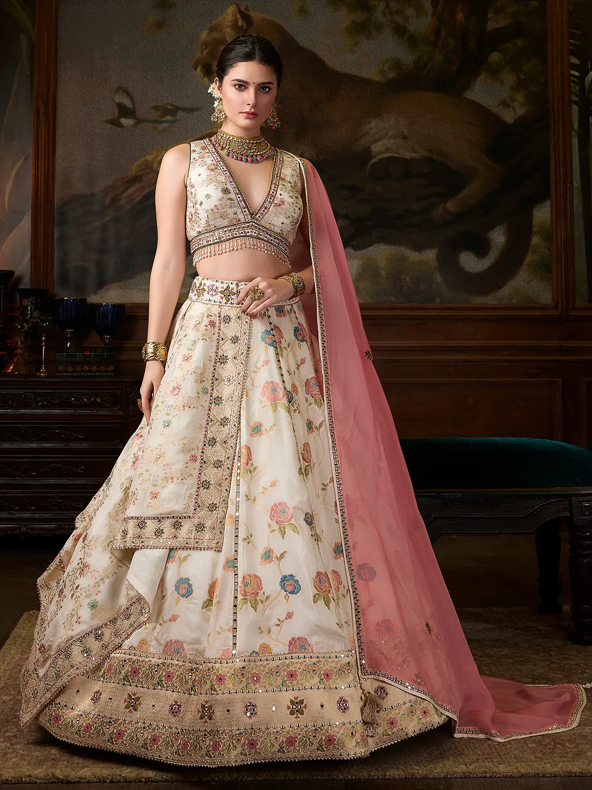 Classic off white printed silk lehenga choli