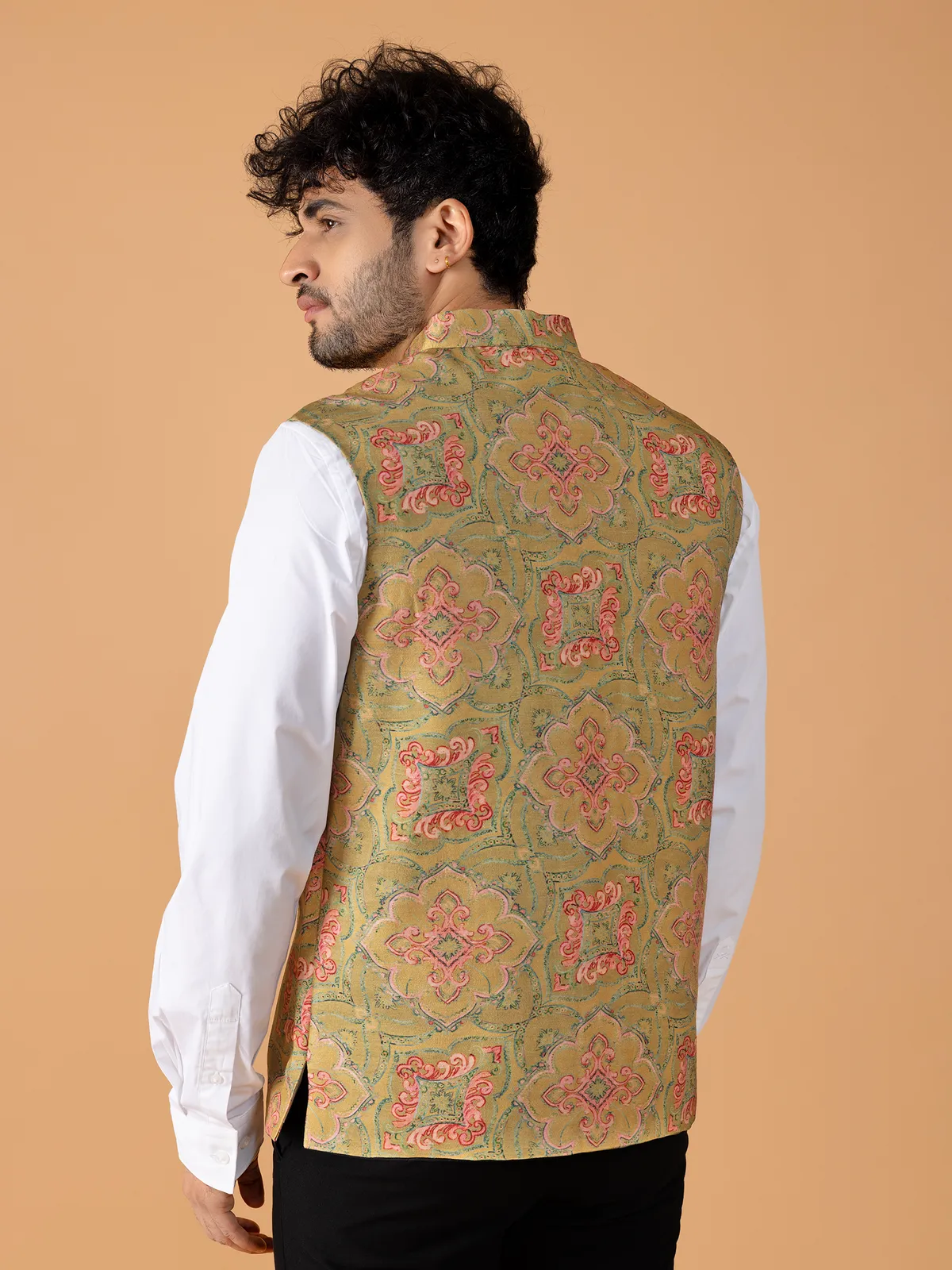 Classic olive silk printed waistcoat