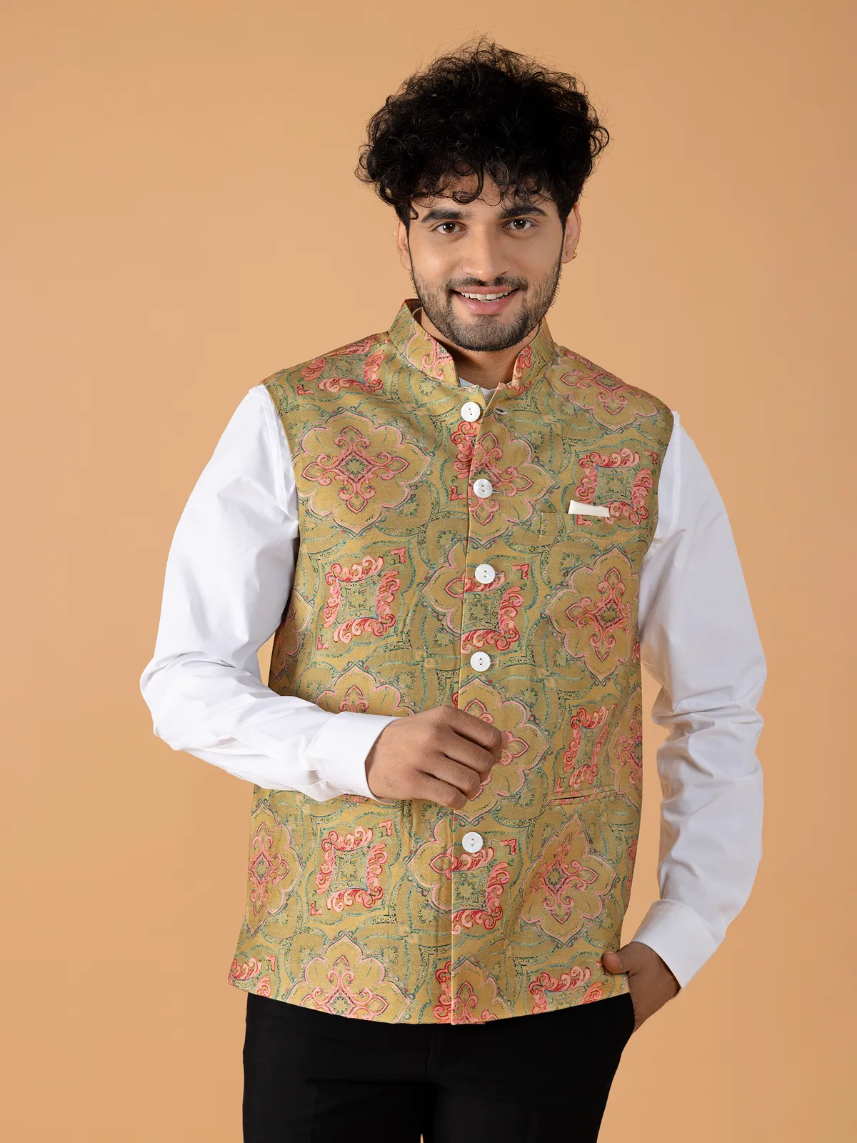 Classic olive silk printed waistcoat