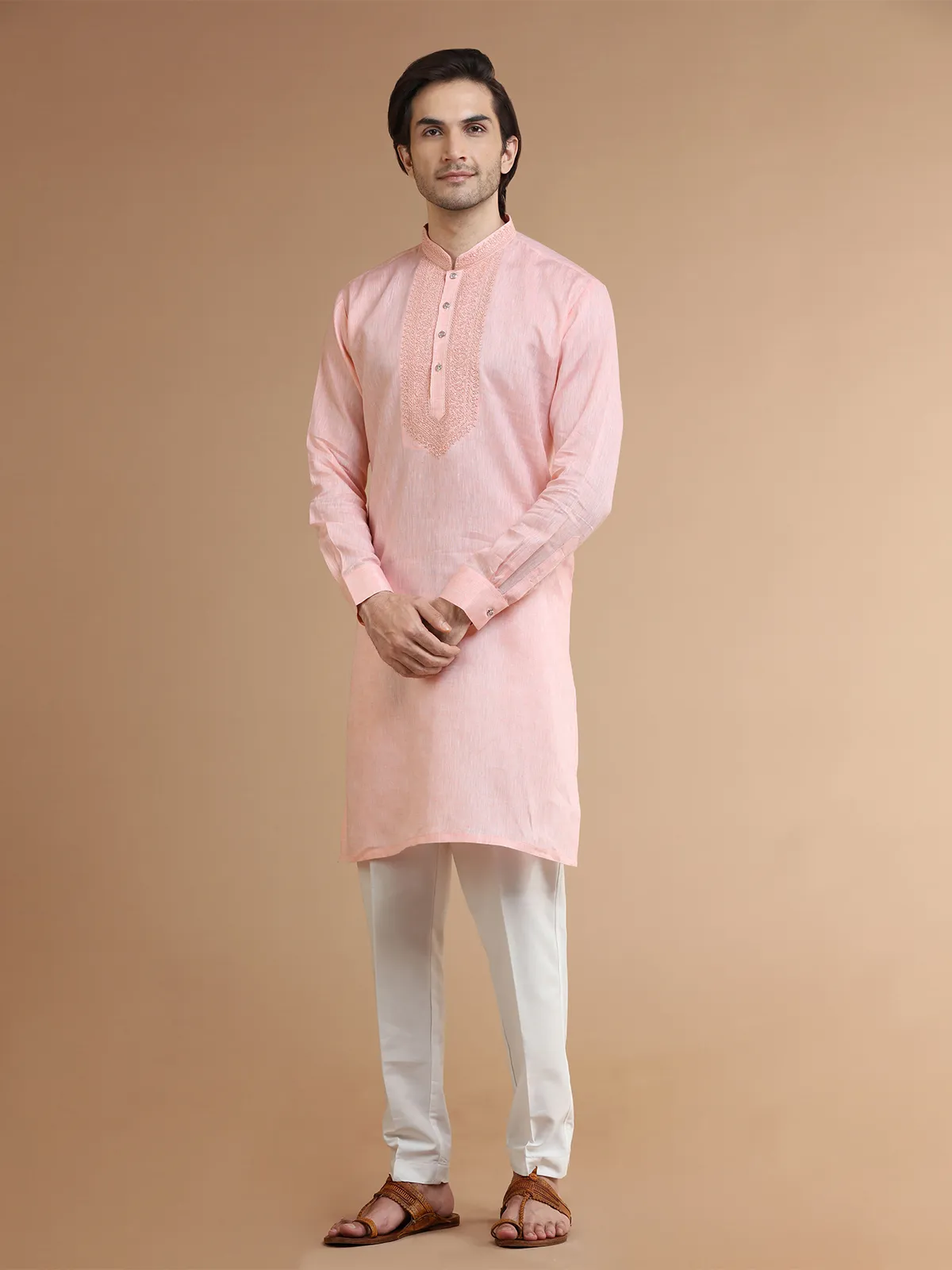 Classic peach linen kurta suit