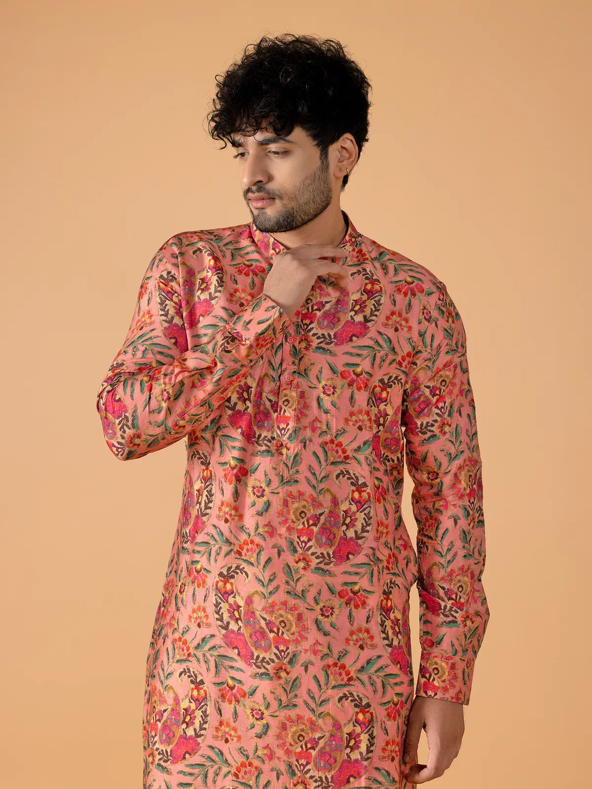 Classic peach printed  Men Kurta pajama in cotton