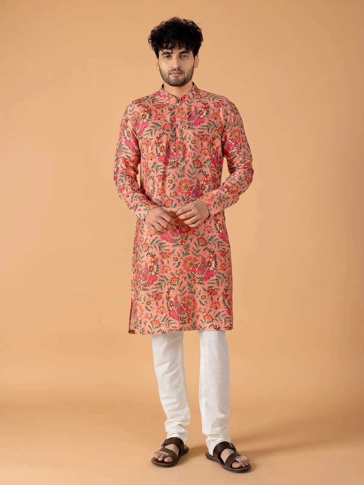 Classic peach printed  Men Kurta pajama in cotton