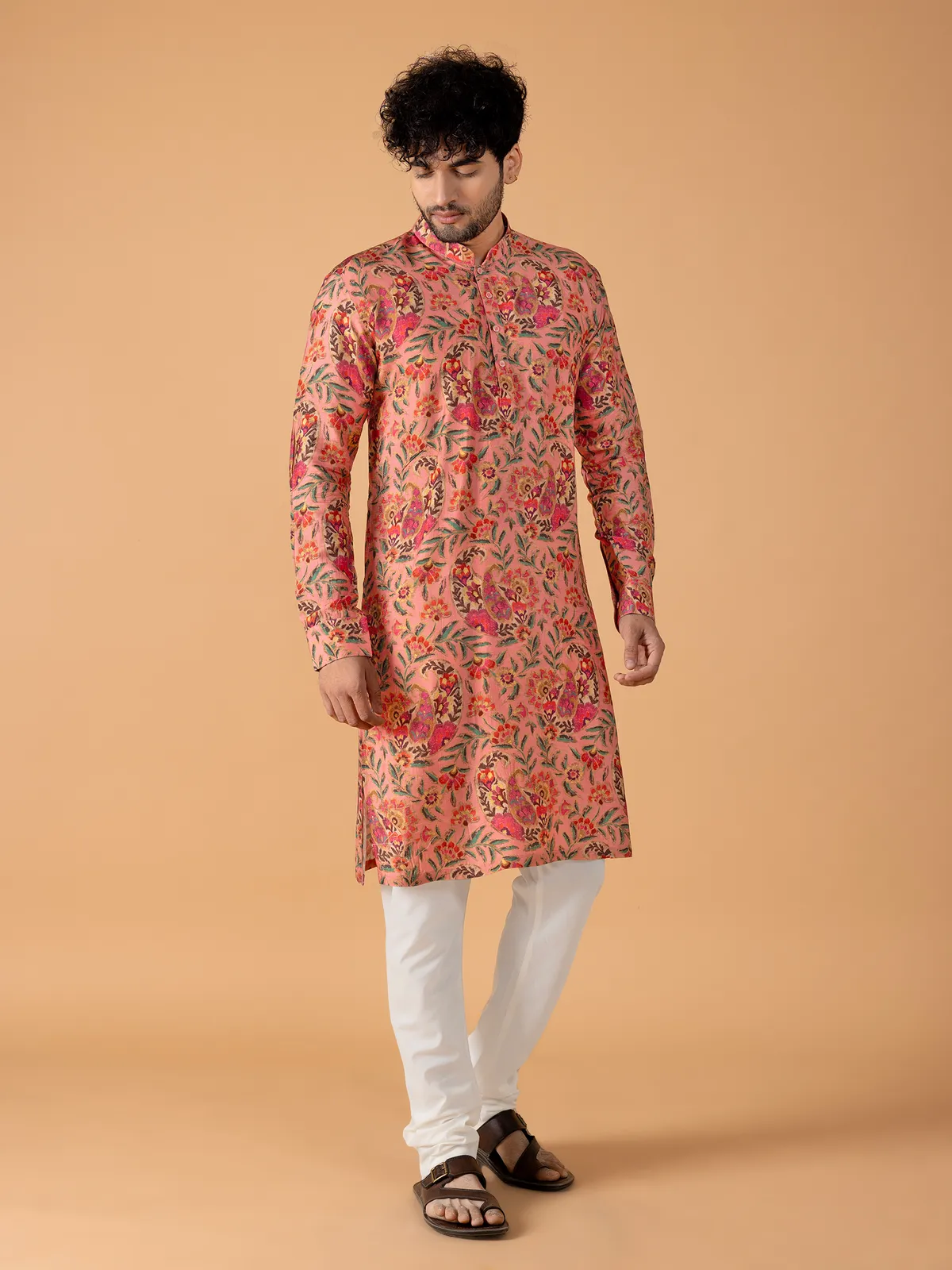 Classic peach printed  Men Kurta pajama in cotton