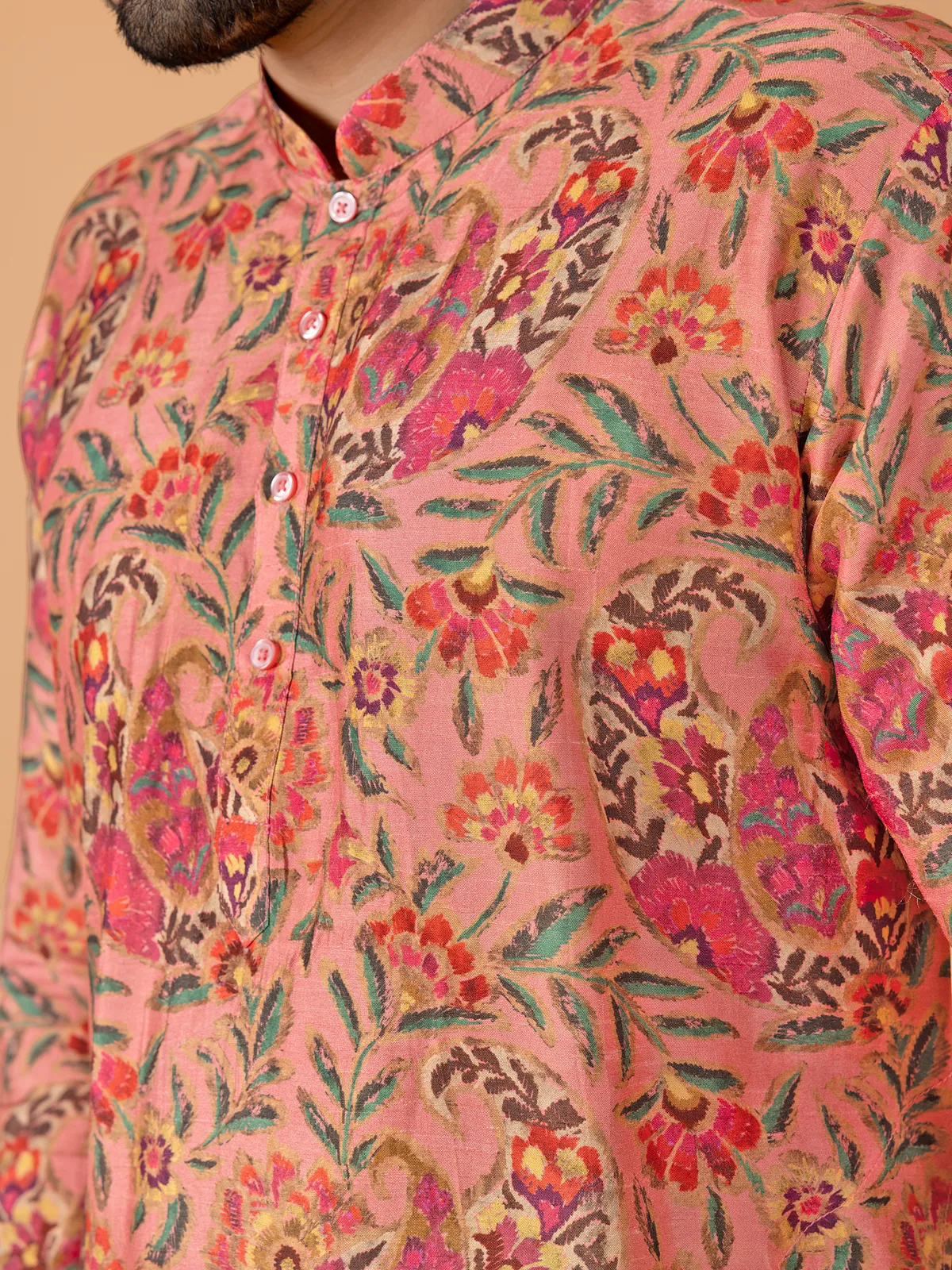 Classic peach printed  Men Kurta pajama in cotton