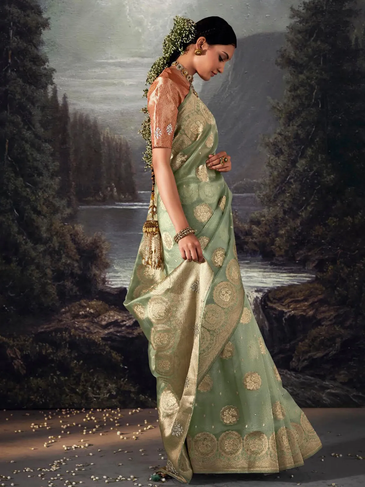 Classic pista green organza saree