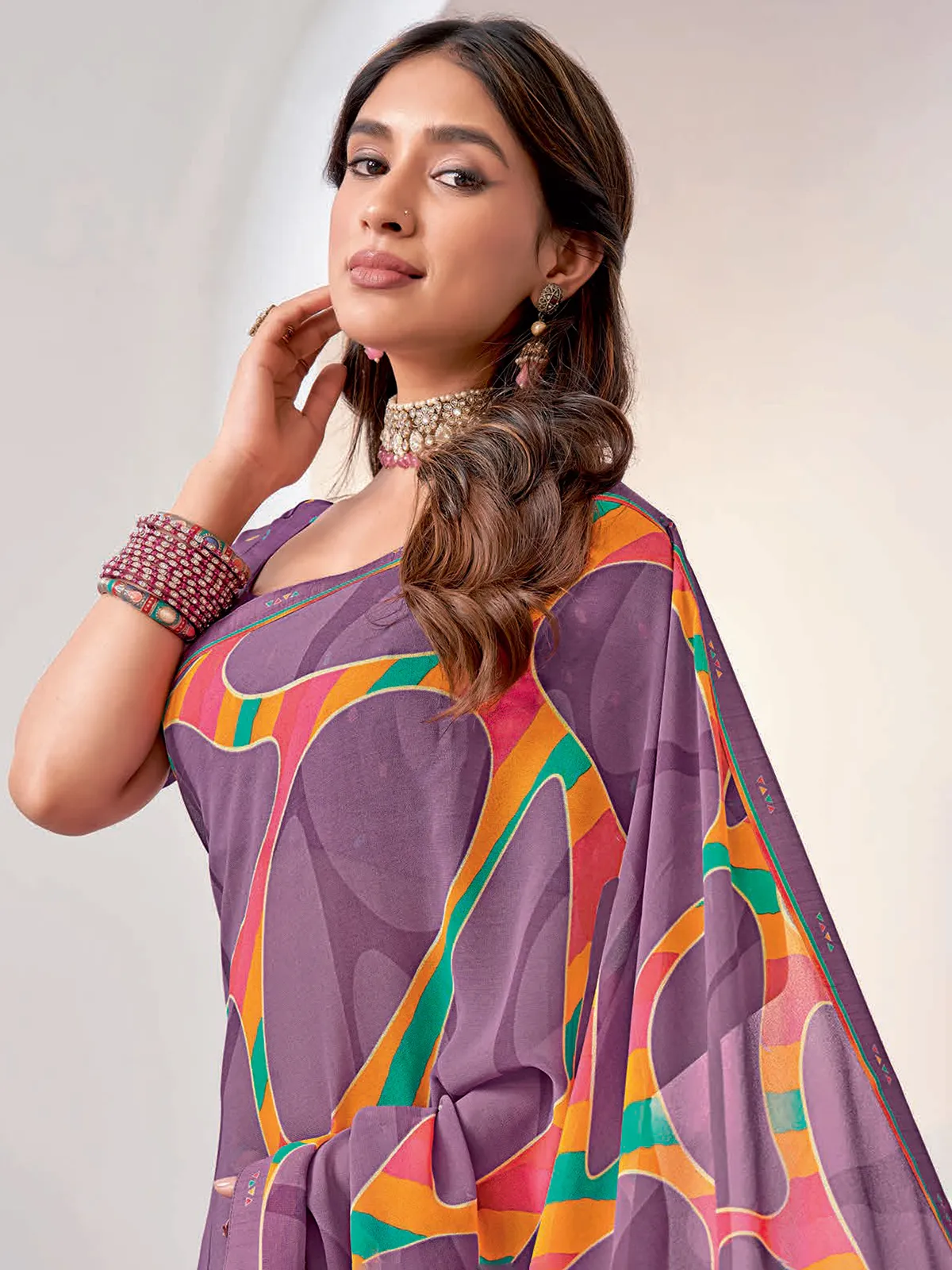 Classic purple printed georgette saree