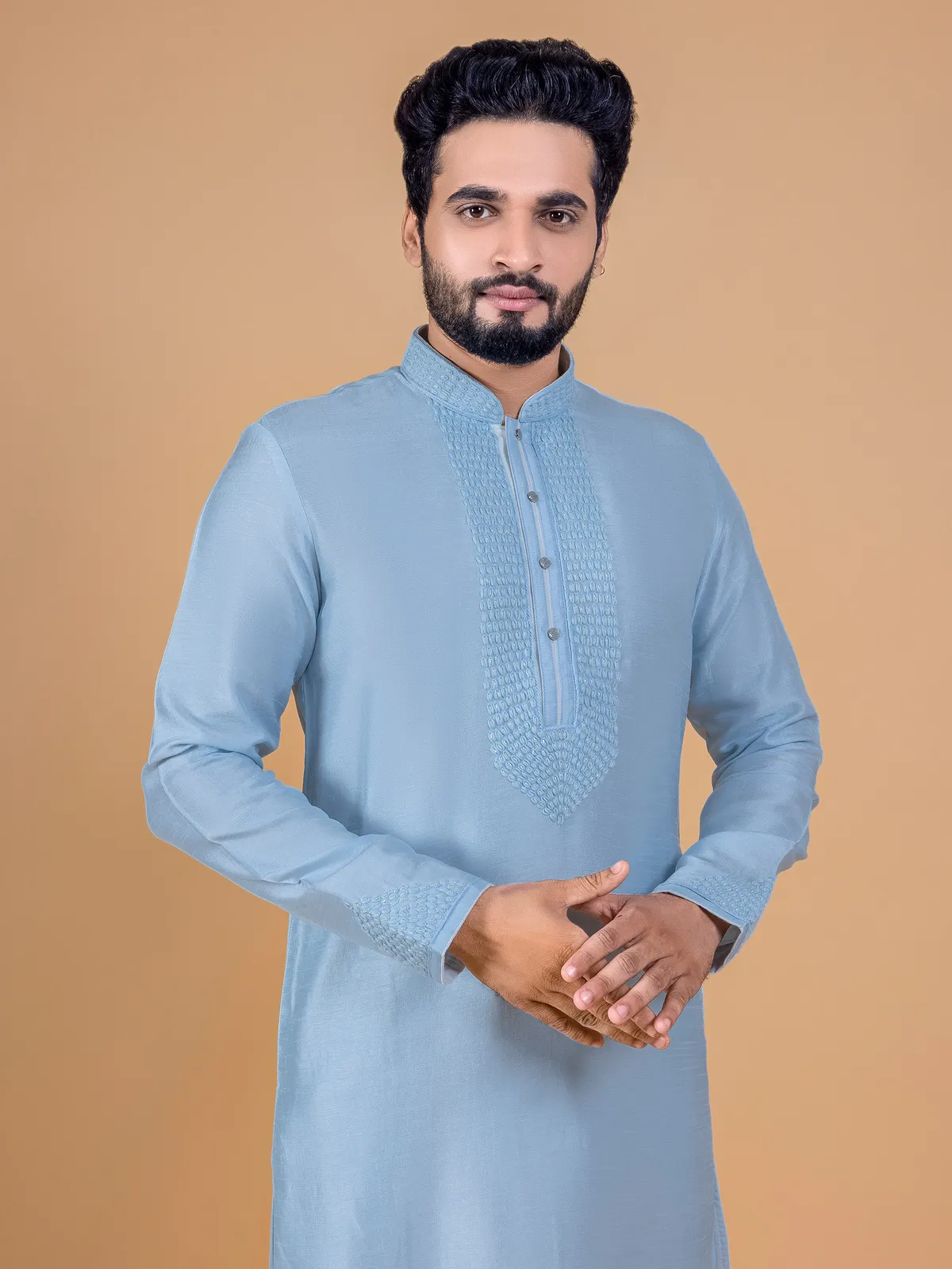 Classic sky blue silk kurta suit for festive