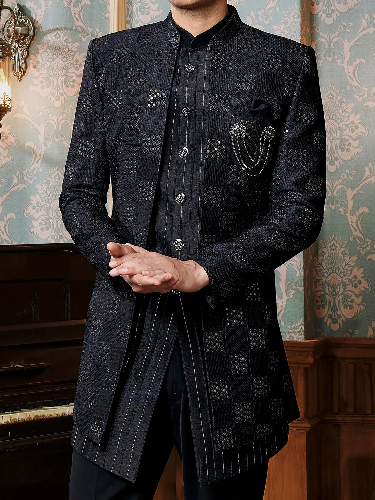 Classic textured black raw silk indowestern