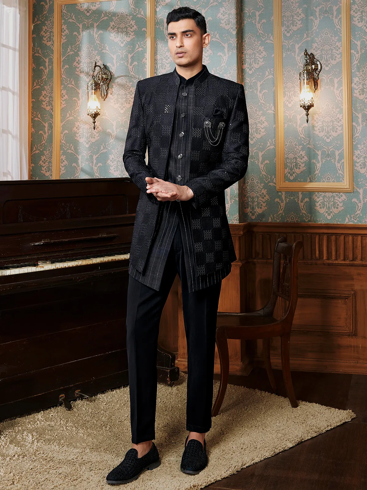 Classic textured black raw silk indowestern