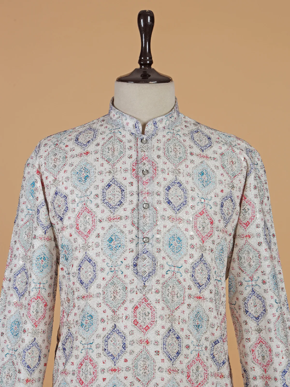 Classic White cotton kurta suit with multicolor thread design