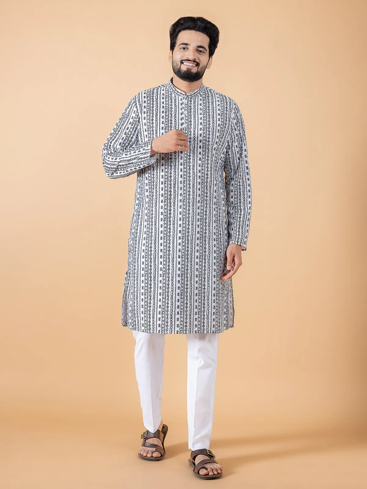 Classic white cotton printed  Men Kurta pajama