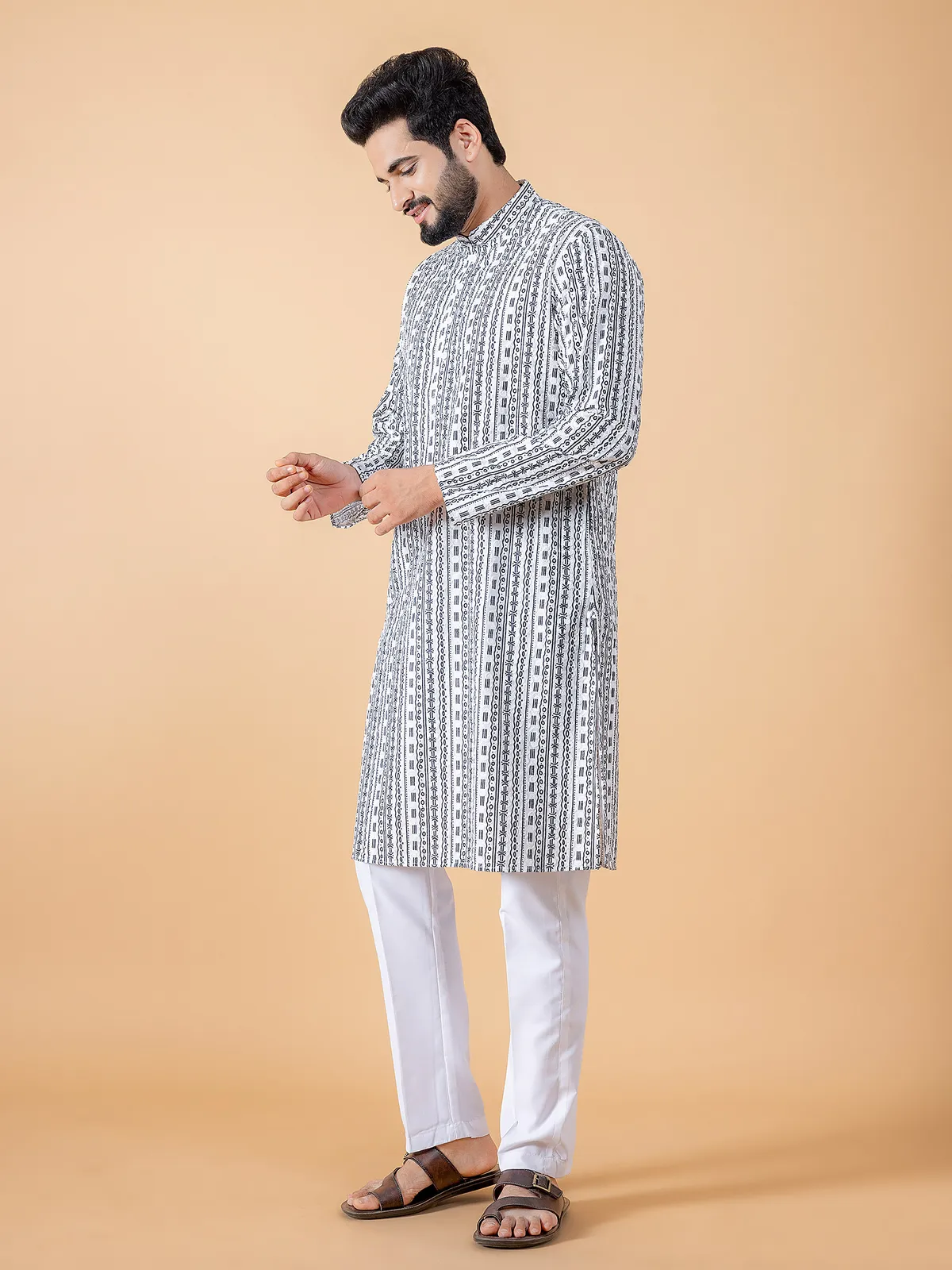 Classic white cotton printed  Men Kurta pajama