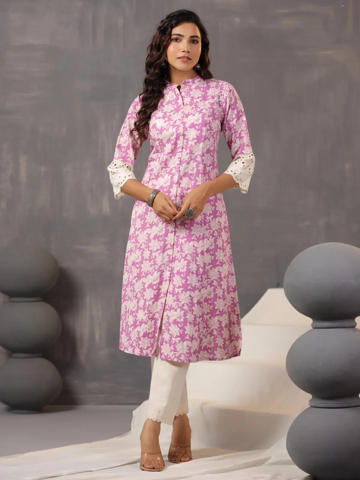 Classy and stylish purple printed cotton silk kurti