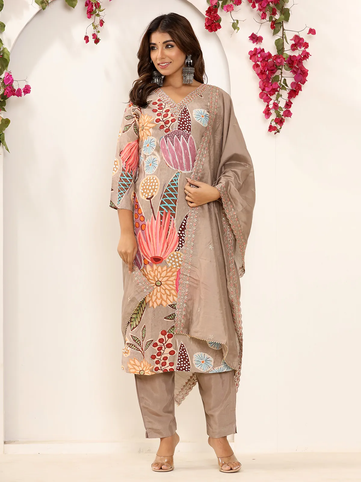 Classy beige silk printed kurti set