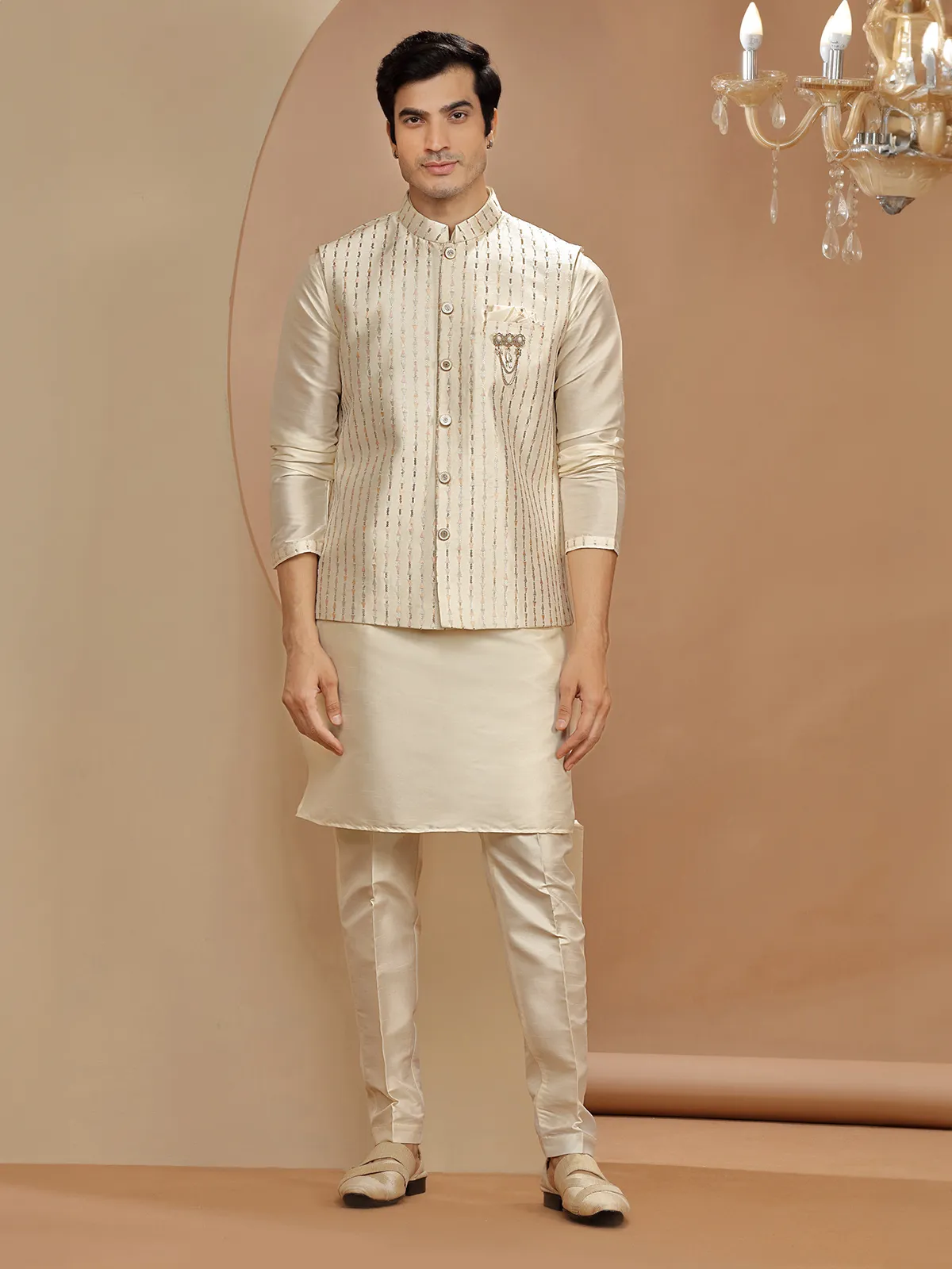 Classy beige waistcoat set in silk