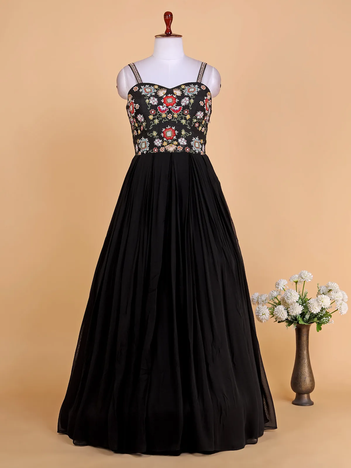 Classy black georgette floor length suit