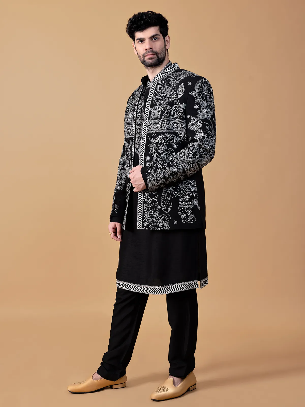 Classy black raw silk indowestern