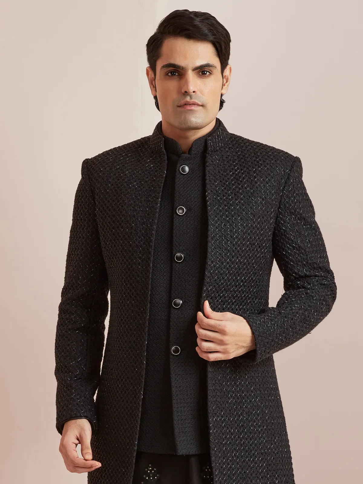 Classy black silk reception wear men indowestern