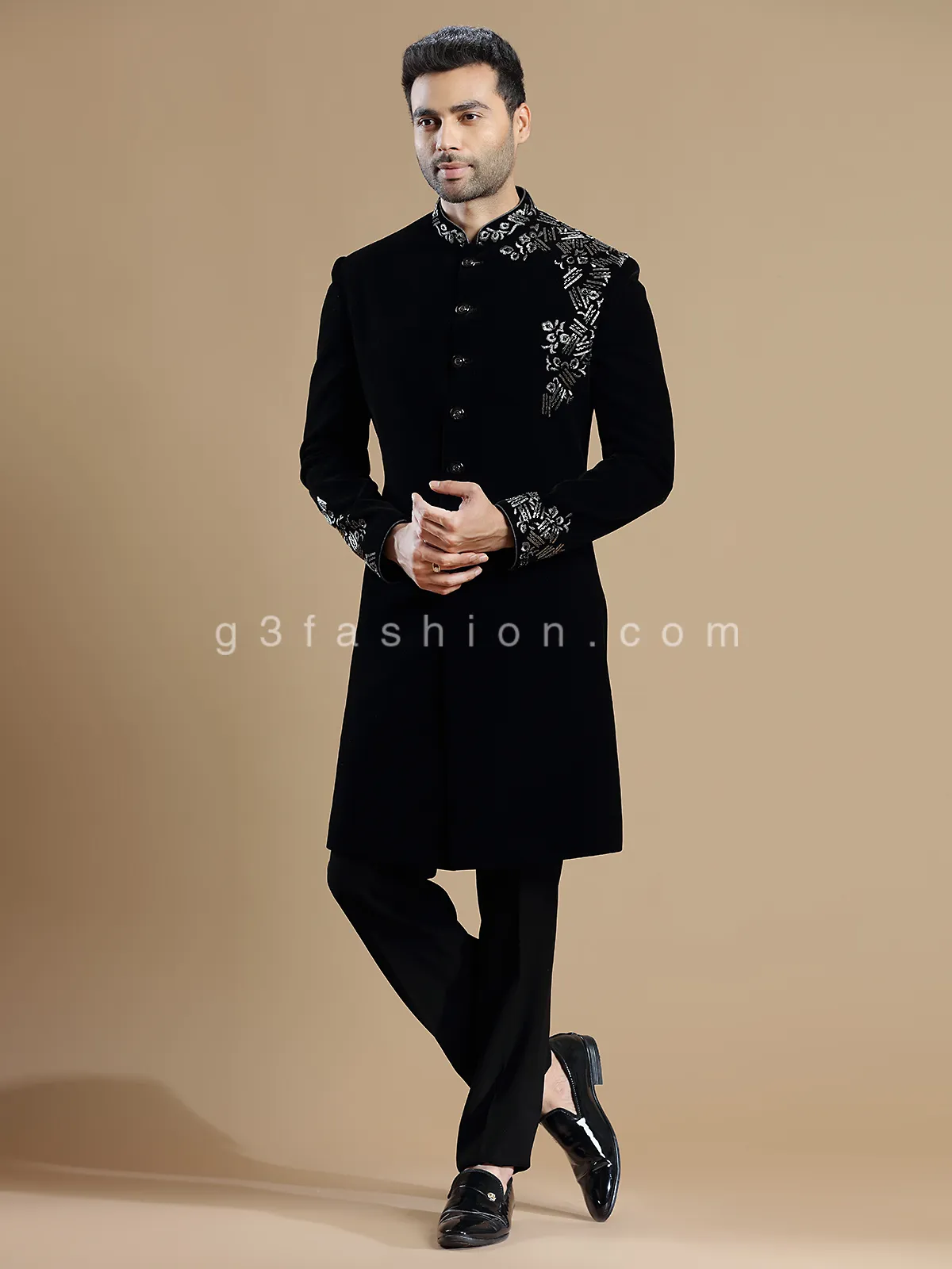 Classy black velvet wedding wear indowestern
