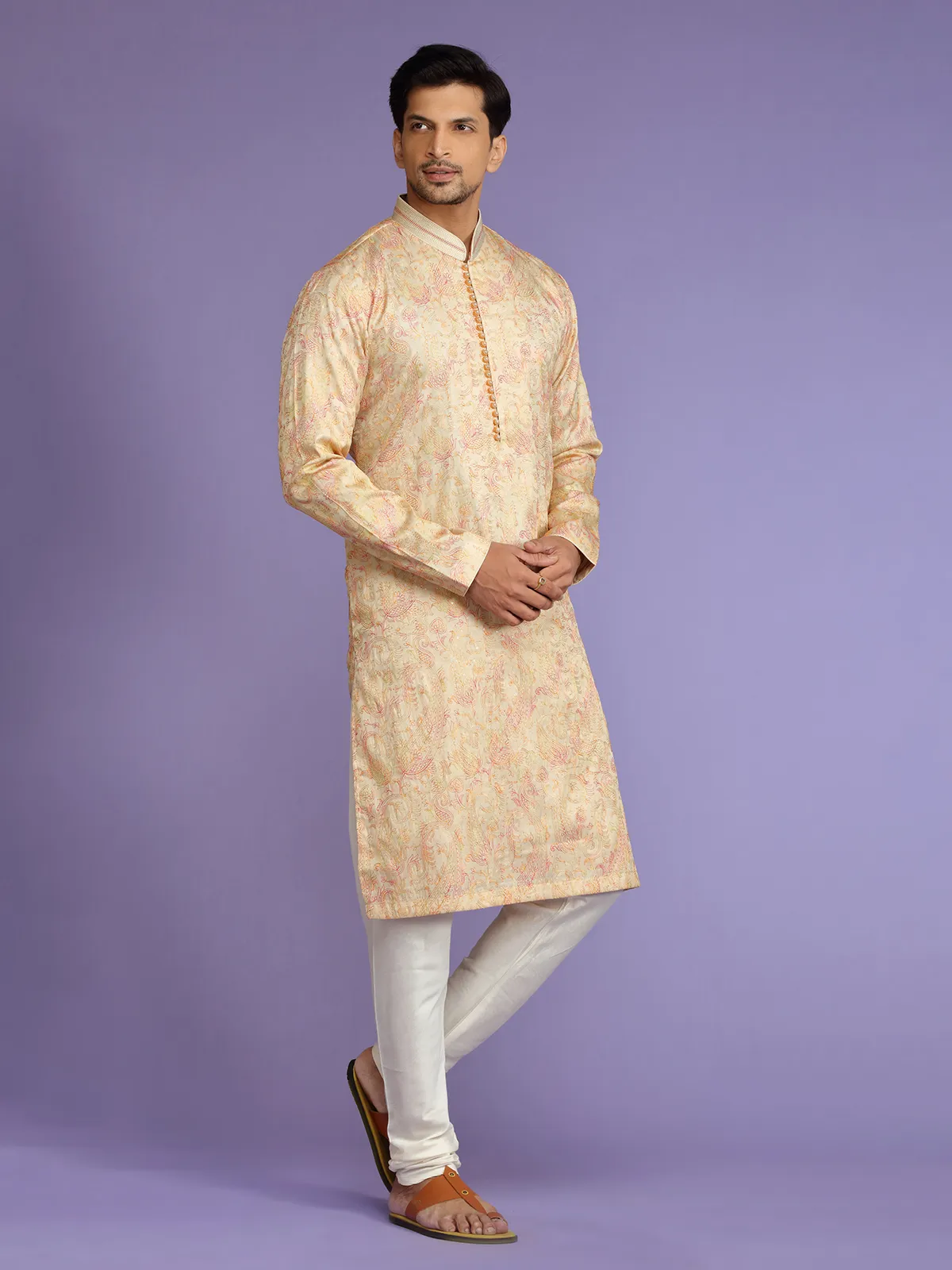 Classy cream silk  Men Kurta pajama for festive