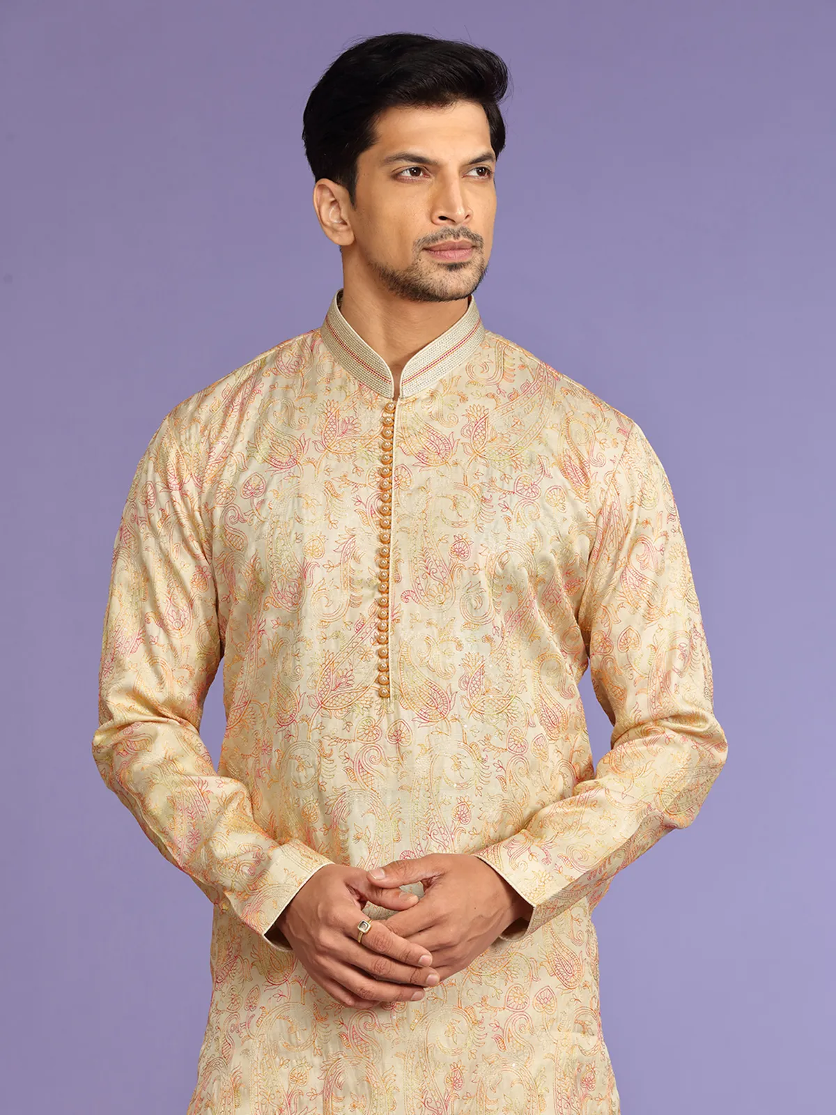 Classy cream silk  Men Kurta pajama for festive