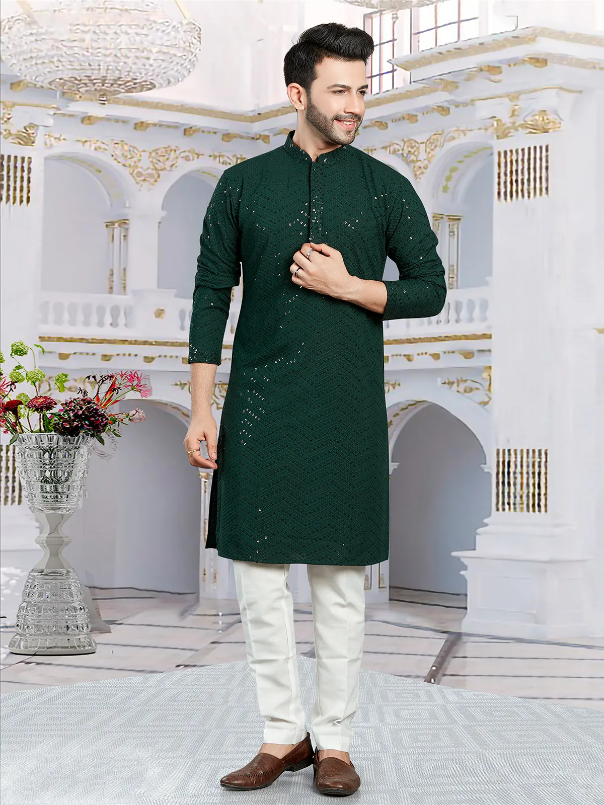 Classy dark green georgette kurta suit