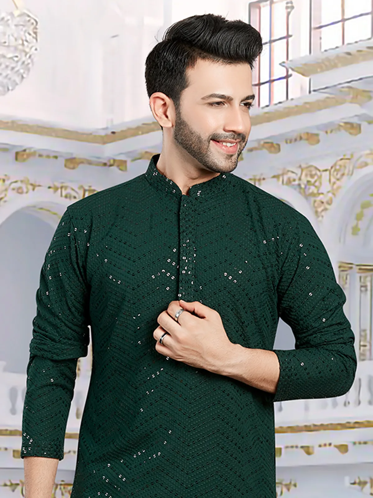 Classy dark green georgette kurta suit