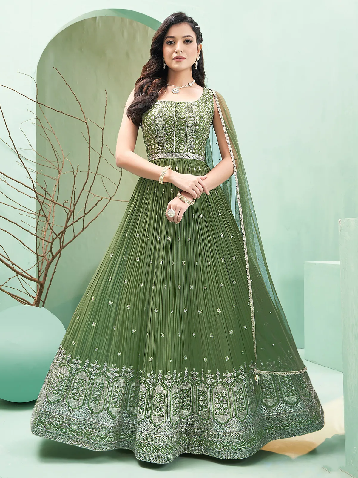 Classy green georgette anarkali suit