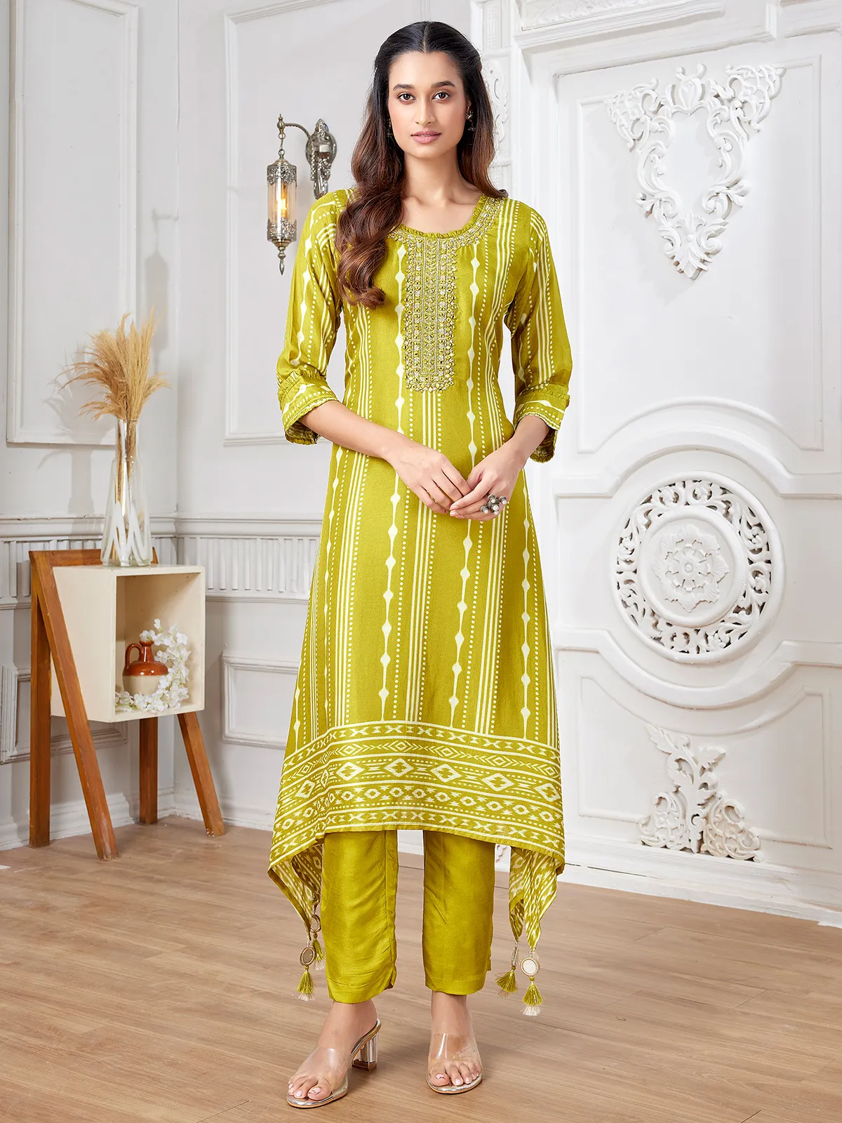 Classy light green printed russian silk kurti set