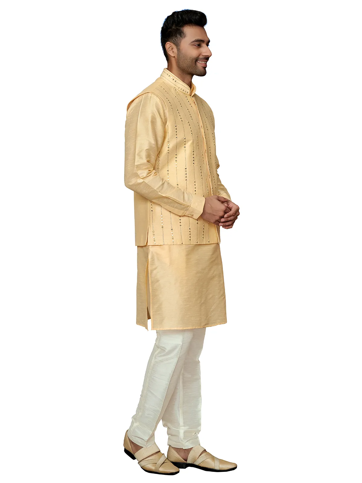 Classy light yellow silk waistcoat set
