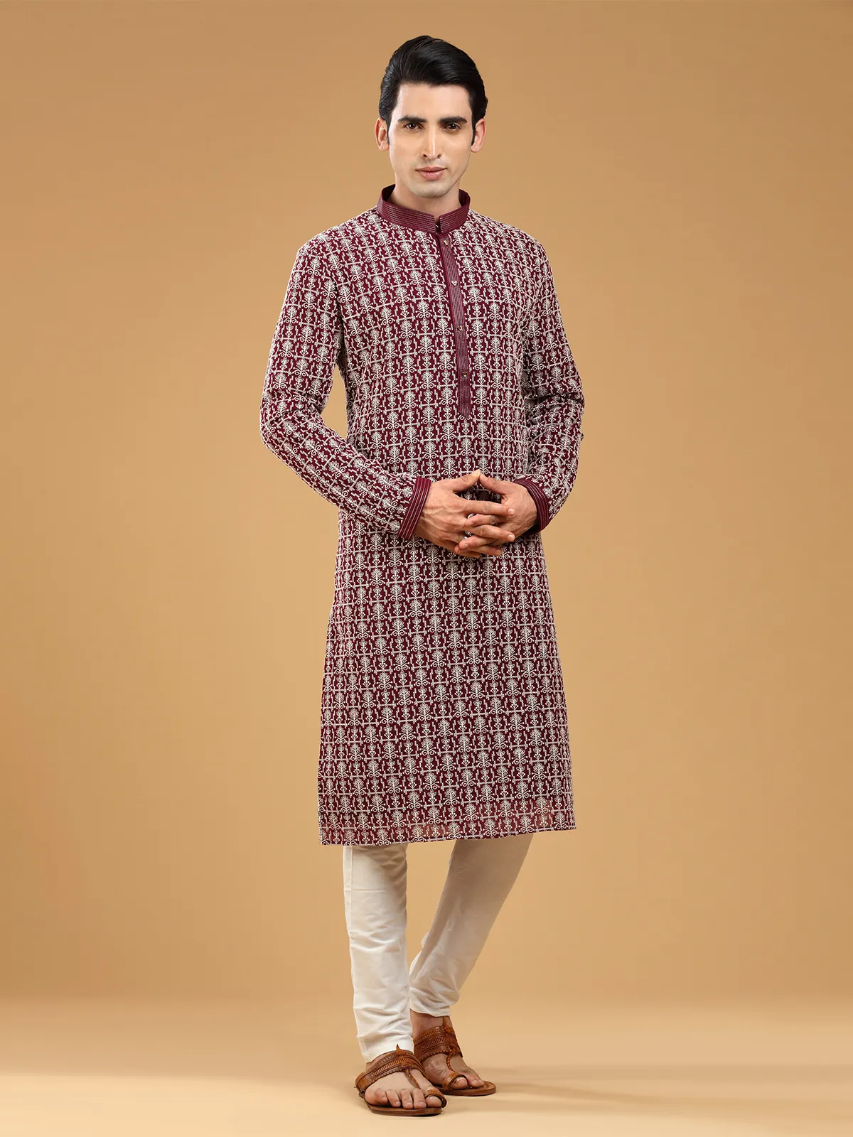 Classy maroon georgette  Men Kurta pajama