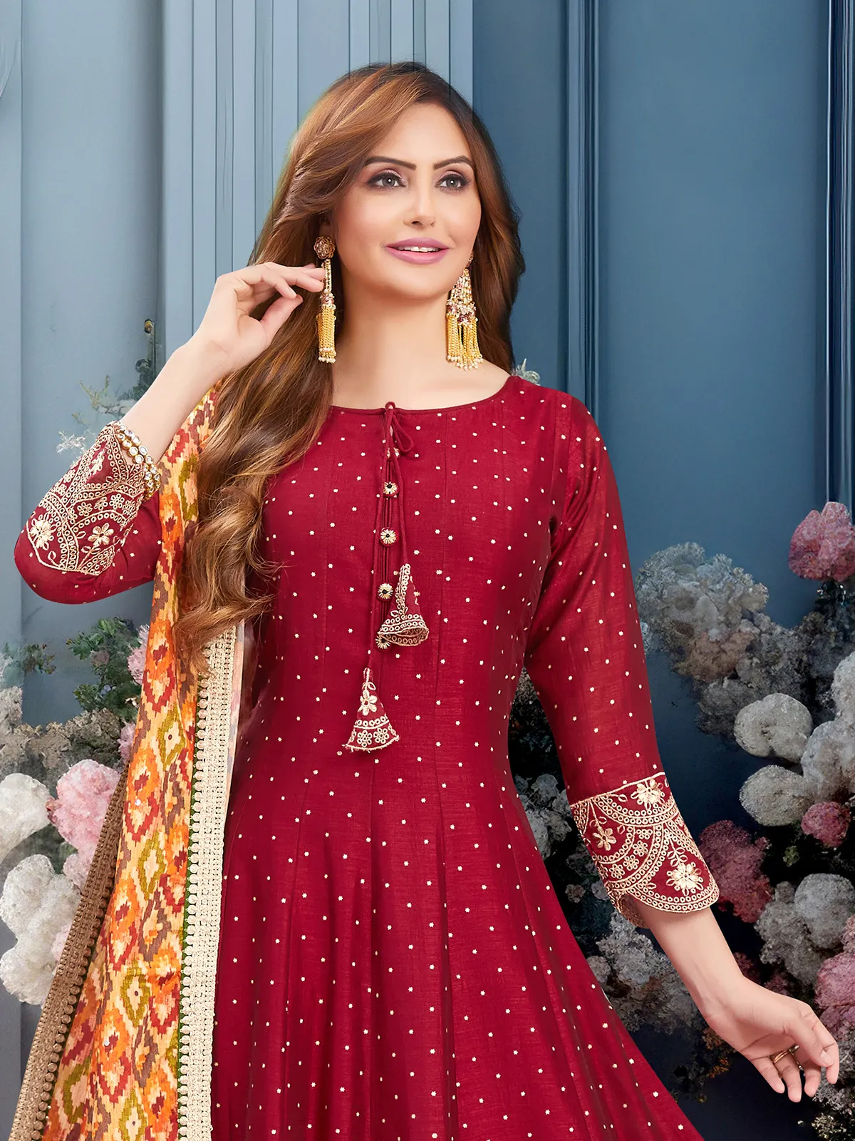 Stylish Maroon Muslin Silk Designer Party Wear Readymade Salwar Suit With Maroon Muslin Silk