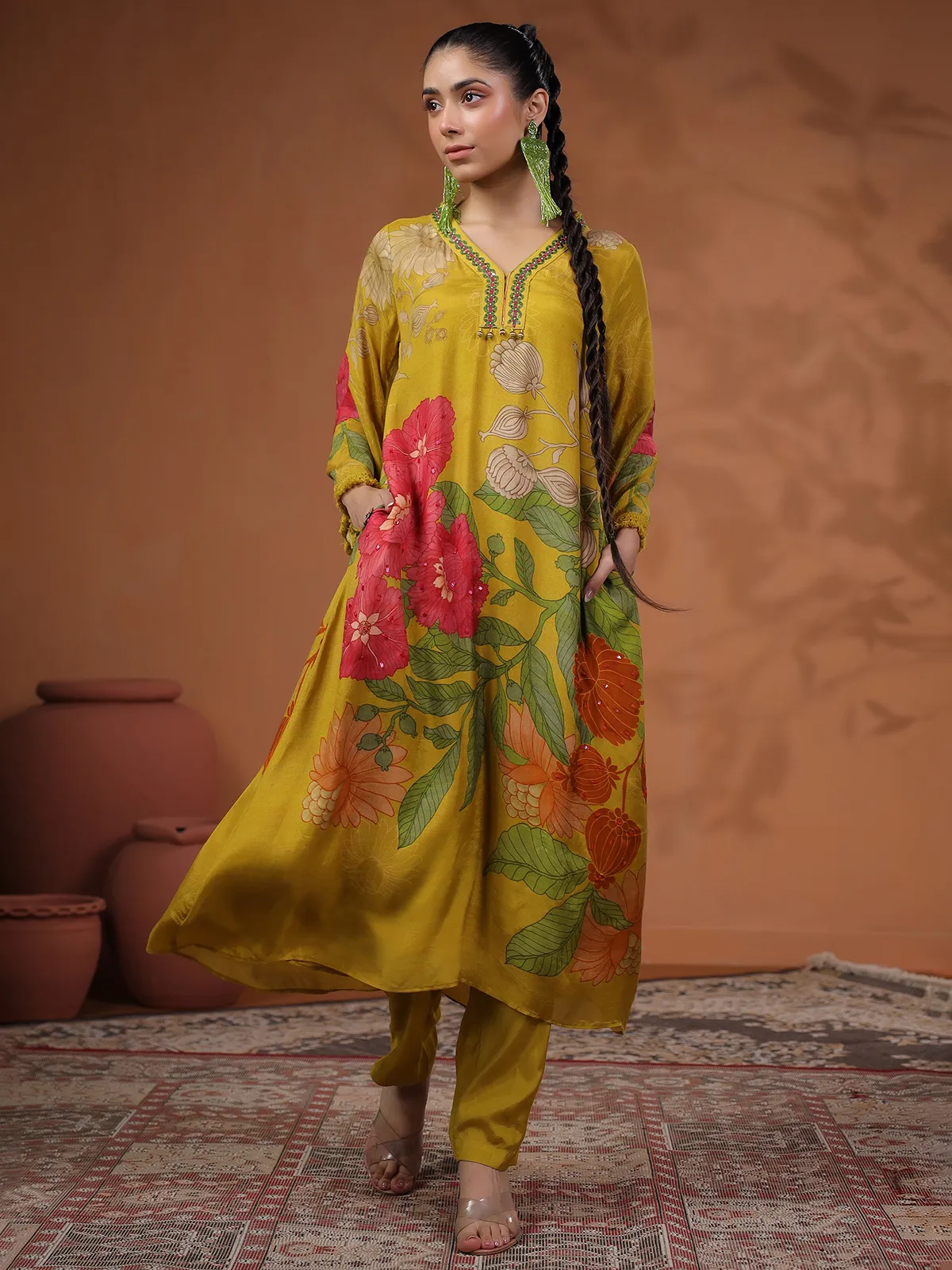 Classy mehendi yellow printed kurti set