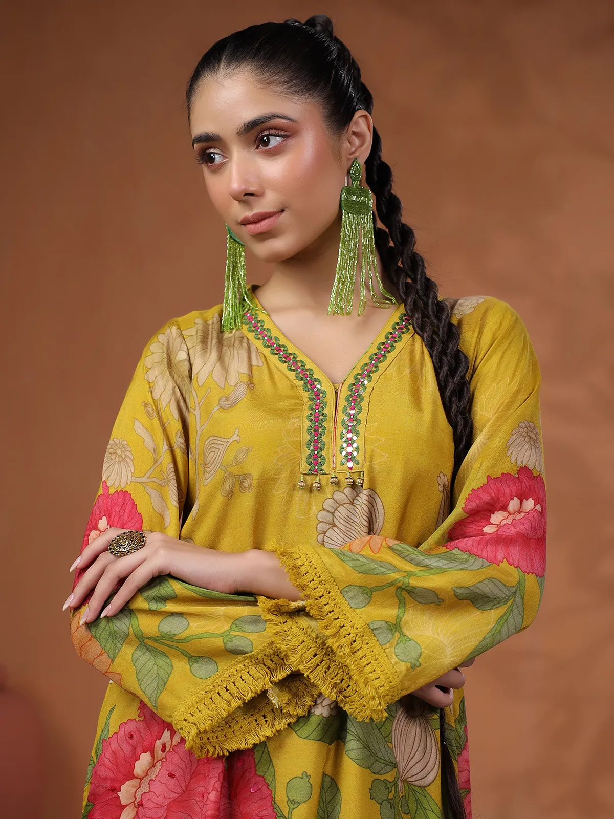 Classy mehendi yellow printed kurti set