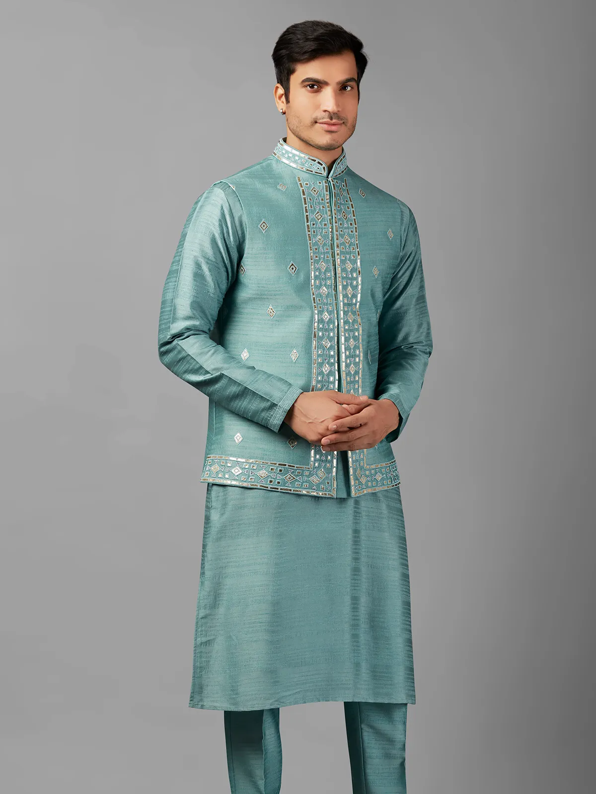 Classy mint green silk waistcoat set