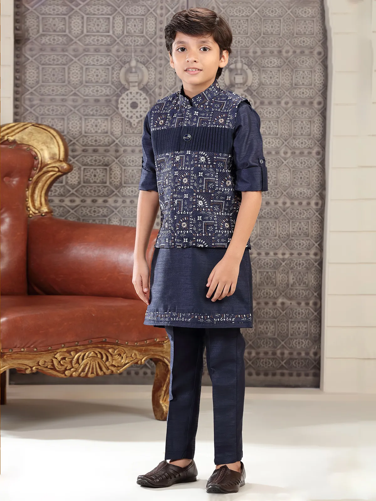 Classy navy embroidery waistcoat set in silk