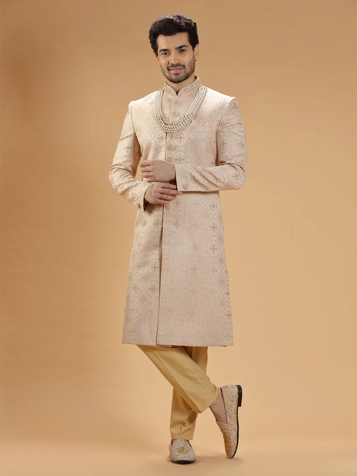 Classy peach silk groom sherwani