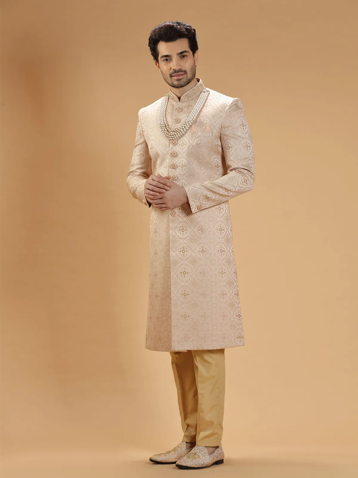 Classy peach silk groom sherwani