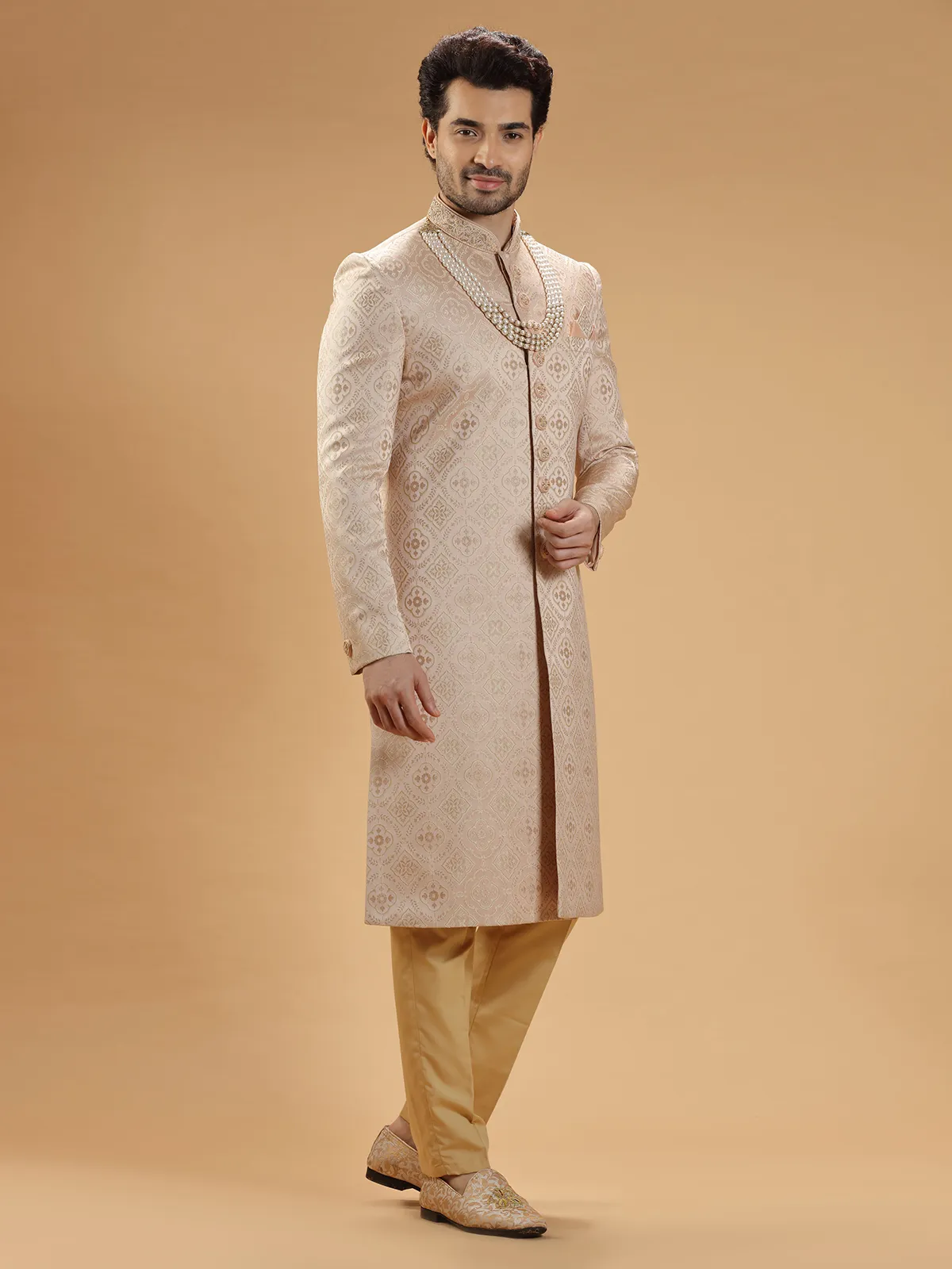 Classy peach silk groom sherwani