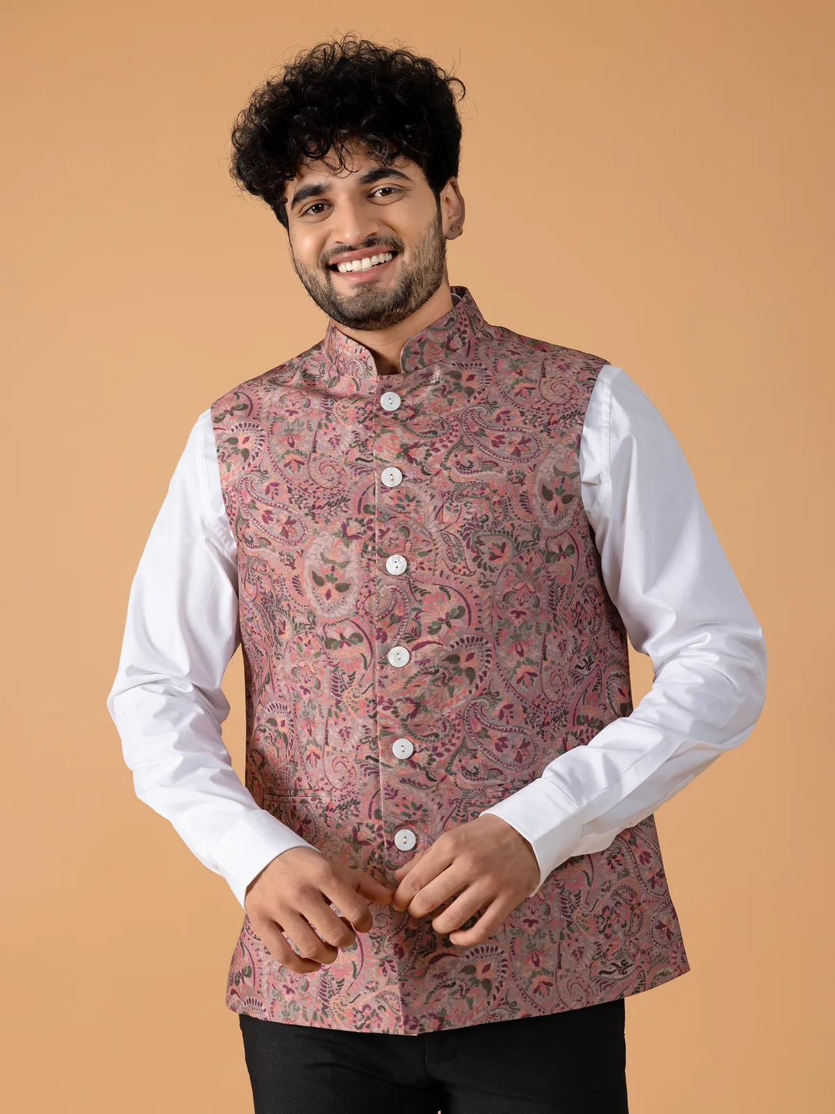 Classy pink printed waistcoat in silk