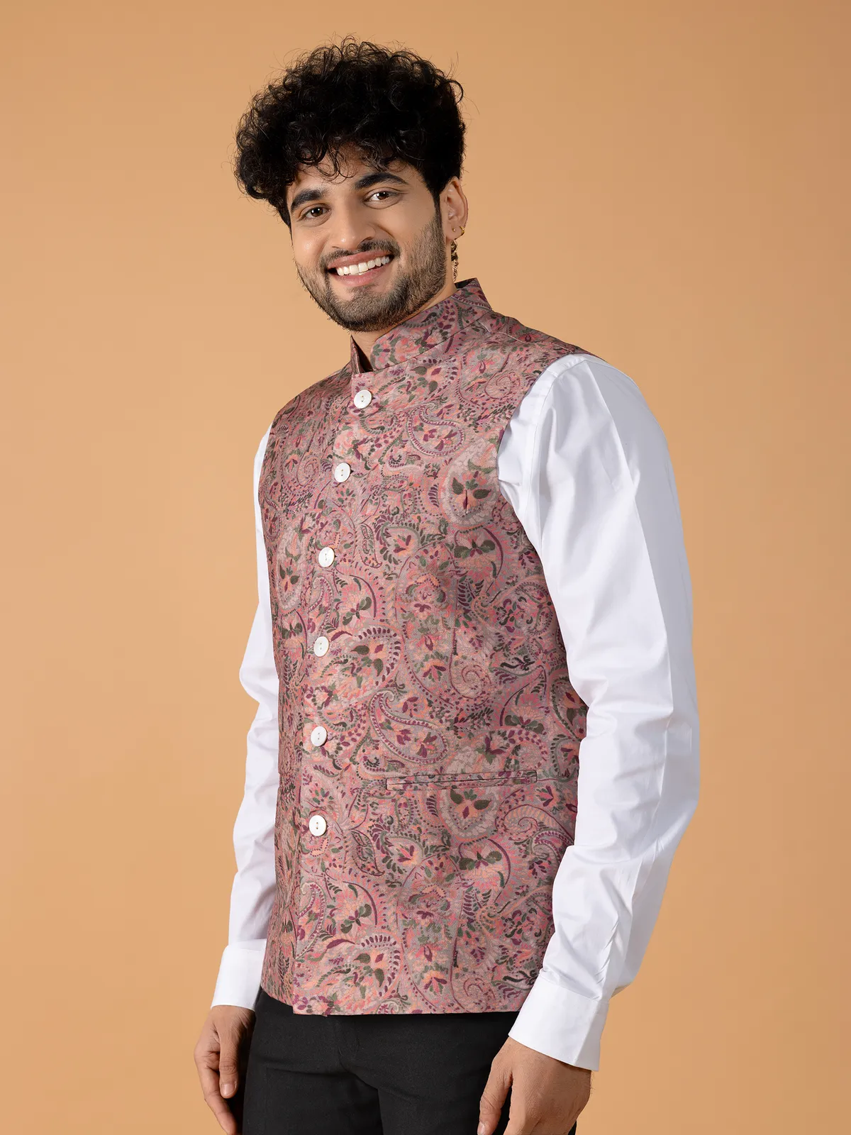 Classy pink printed waistcoat in silk